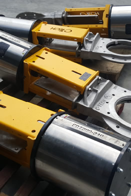 Yellow and silver knife gate valves